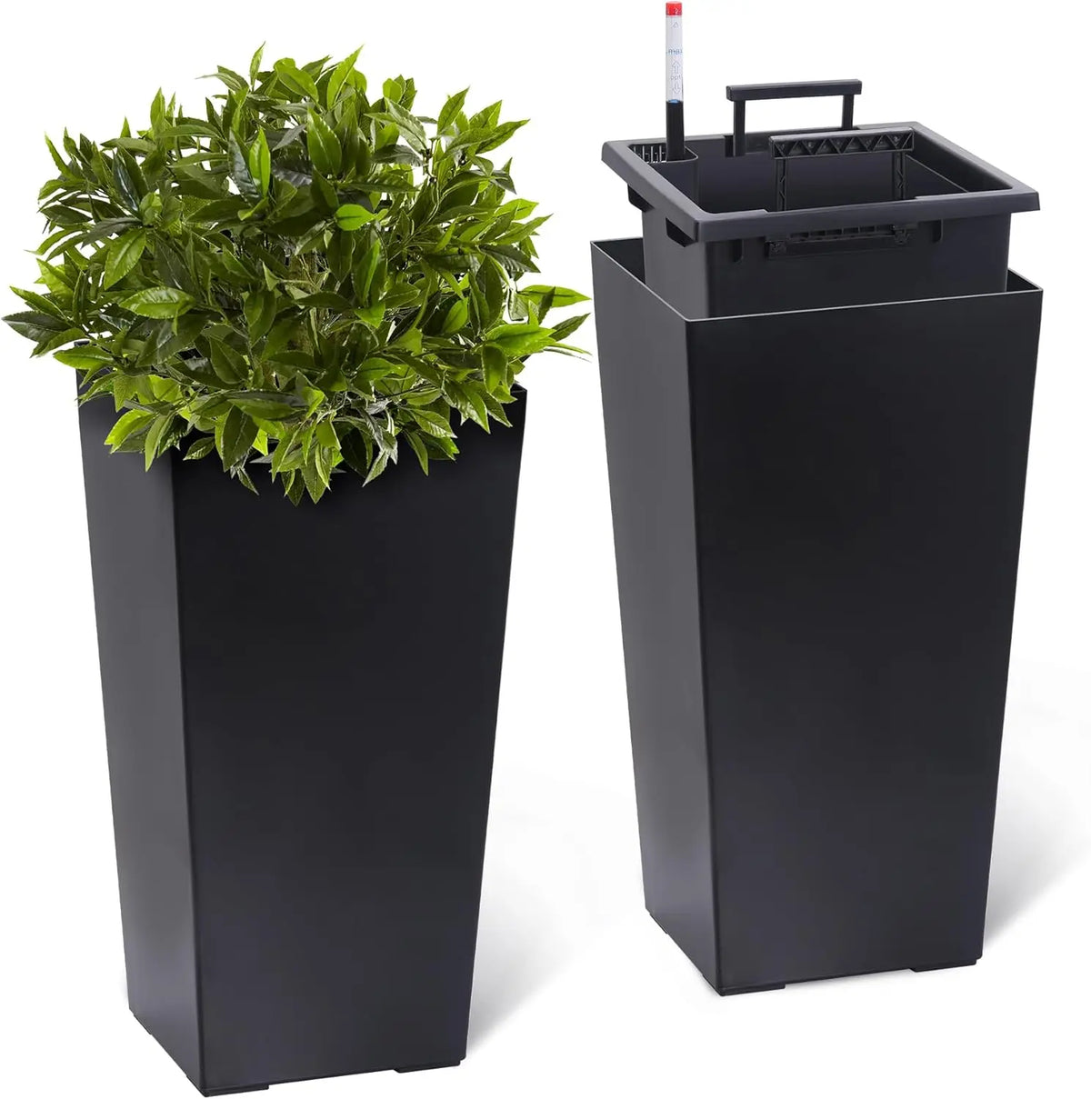 16" Tall Planters Set of 2, Indoor & Outdoor Black Planter Pots, High Front Porch Planters with Drainage Holes, Water Level Monitor, and Inner Bucket, White