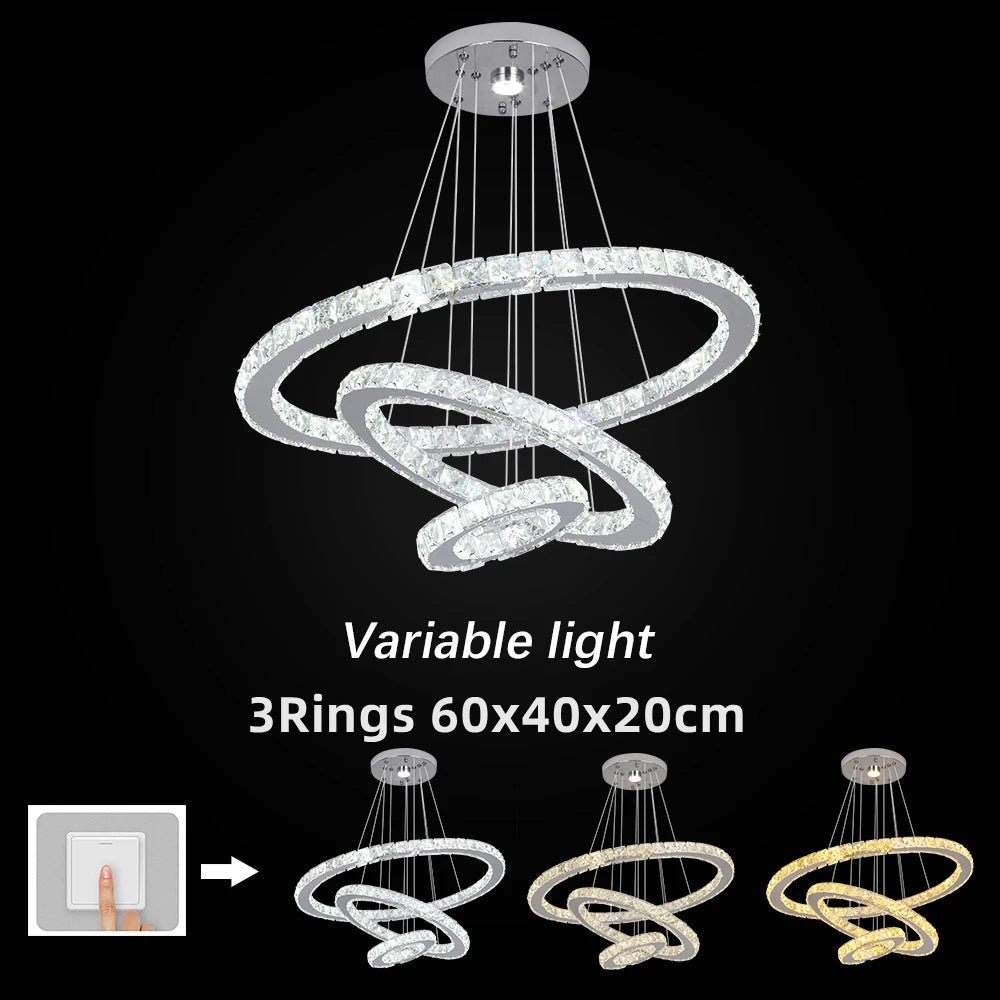 Modern Crystal Chrome Led Pendant Light Fixture Rings Adjustable Chandelier Dimming Lamp for Living Room Bedroom Hanging Lustre