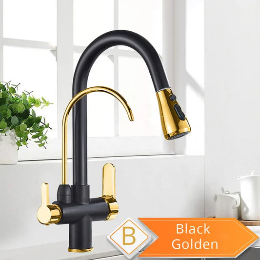 Rozin Purification Kitchen Faucets Black Pull Out Kitchen Water Filter Tap 3 Way Mixer torneira para cozinha de parede Crane