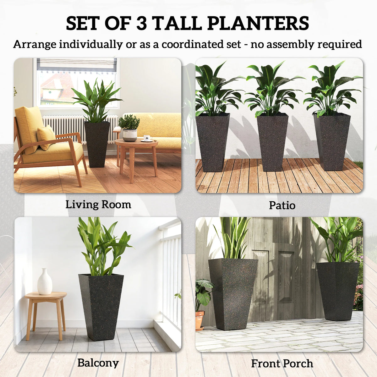 28" Tall Planters, Set of 3 Stackable Tapered Outdoor Planters, Brown