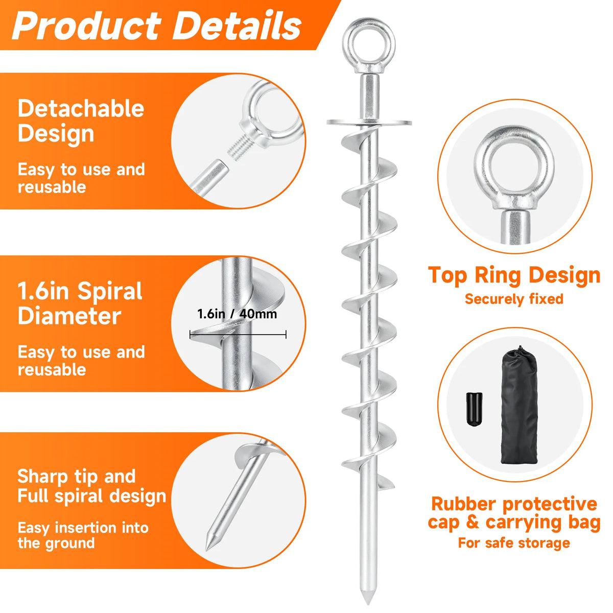 15-Lnch Heavy-Duty Spiral Earth Anchor Suitable For Tents Trampolines Outdoor Stakes Garden Posts And Safety Anchoring - Sliver