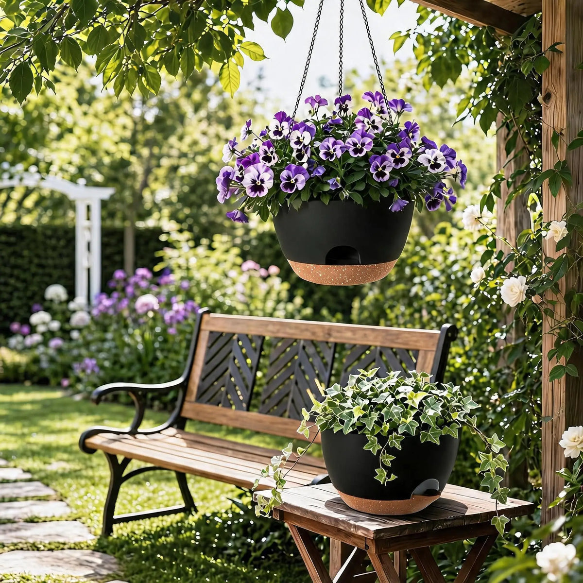 2 Pack Self Watering Hanging Planters 50oz Large Indoor Outdoor Hanging Baskets Flower Pots For Trailing Plants Side Fill Spout