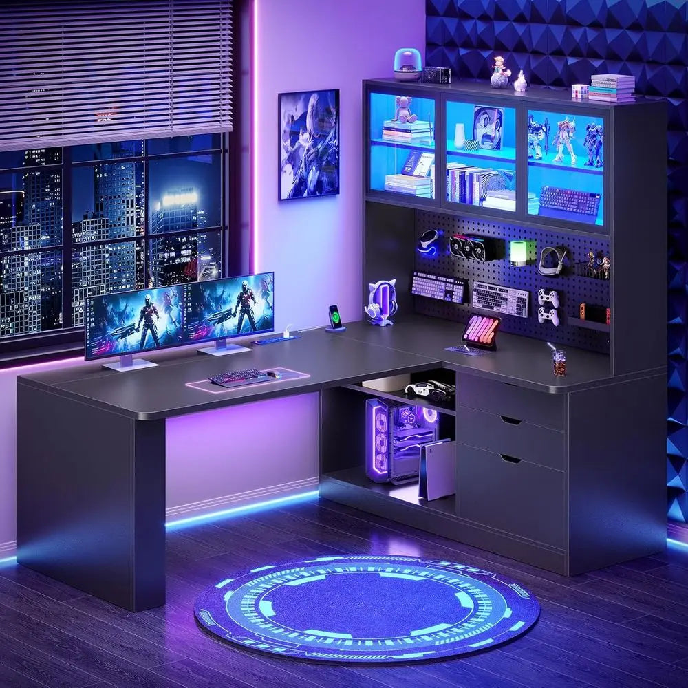 L Shaped Computer Desk, L Shaped Gaming Desk with 3 Wood Der and Large Bookshel, Home Oice Desk with LED Light, Display Cabinet