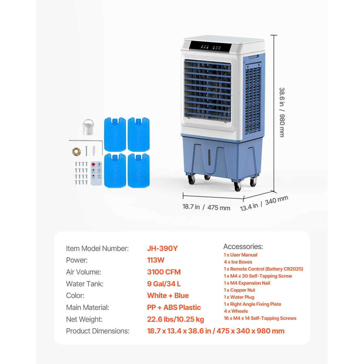 SucceBuy Evaporative Air Cooler 3100CFM with 9Gal Water Tank Swamp Cooler with Remote Control 12H Timer 4 Ice Boxes 3 Wind Speed