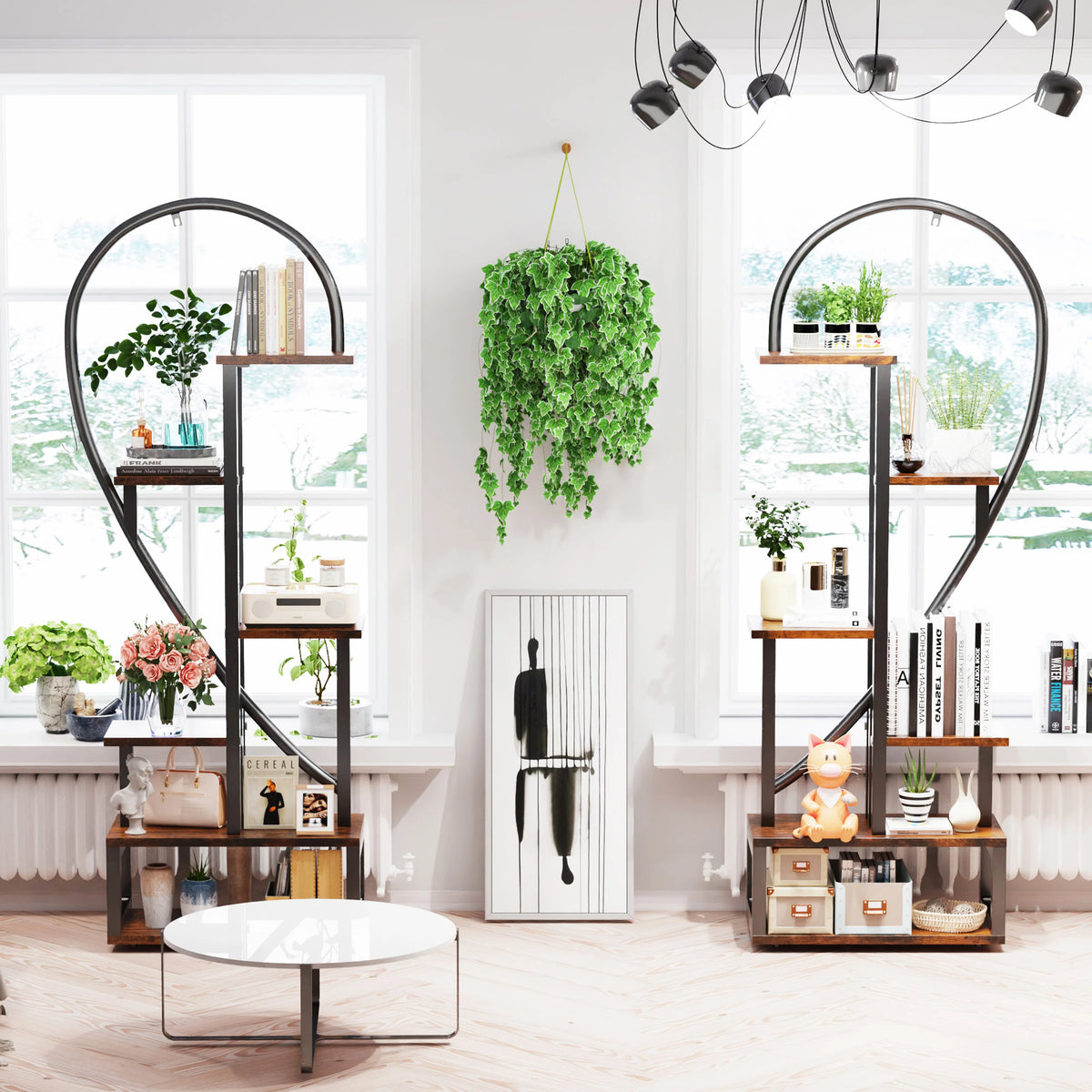 6 Tier Wood and Metal Plant Display Rack Stand Heart Shaped Storage Shelf with Grow Lights