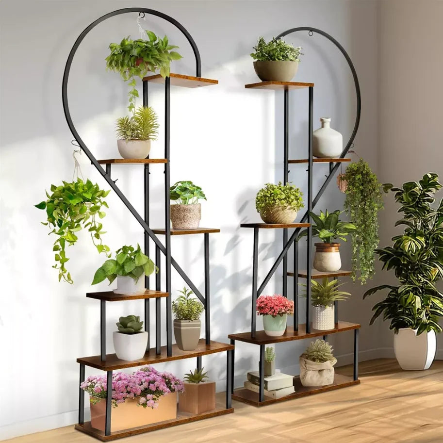 6 Tier Wood and Metal Plant Display Rack Stand Heart Shaped Storage Shelf with Grow Lights