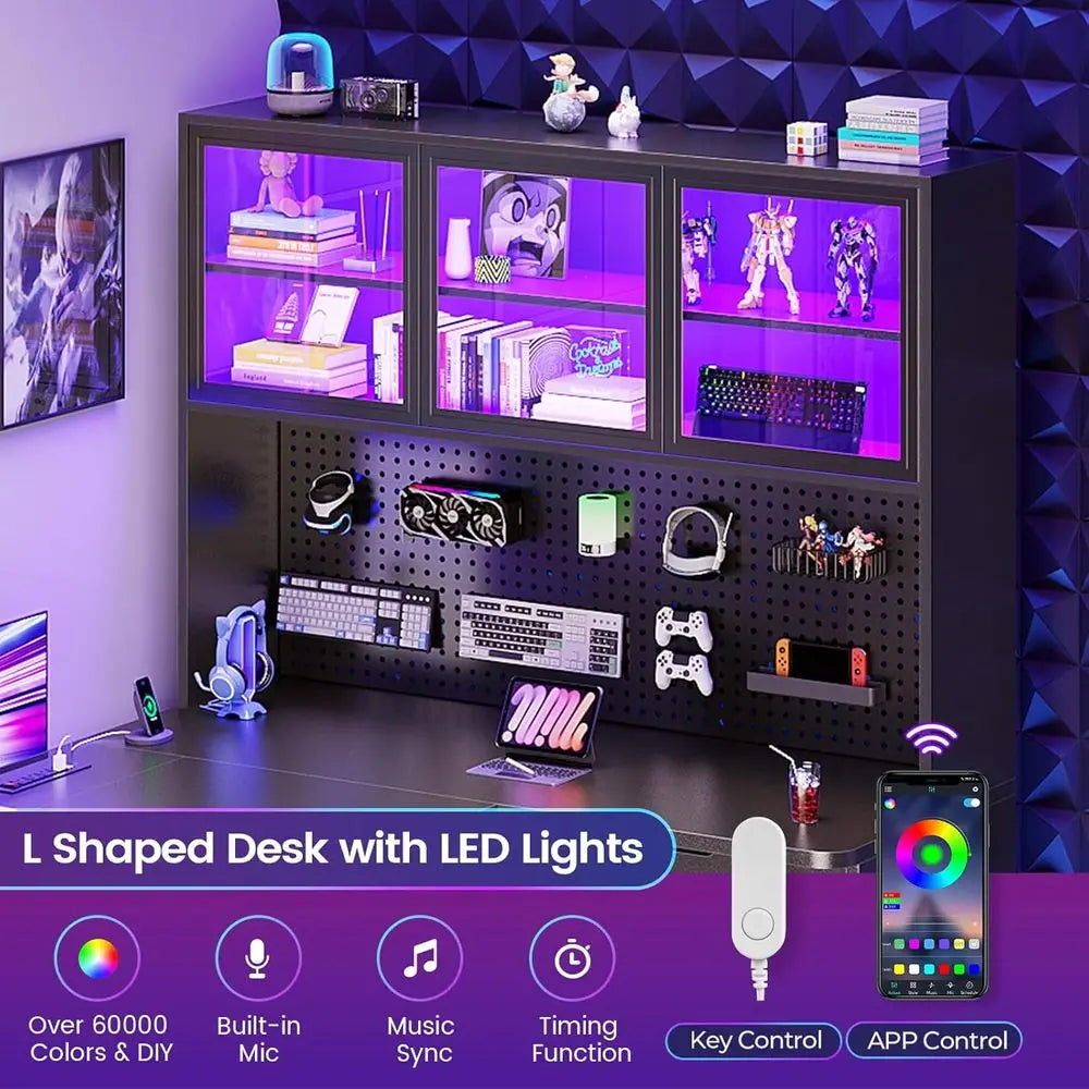 L Shaped Computer Desk, L Shaped Gaming Desk with 3 Wood Der and Large Bookshel, Home Oice Desk with LED Light, Display Cabinet