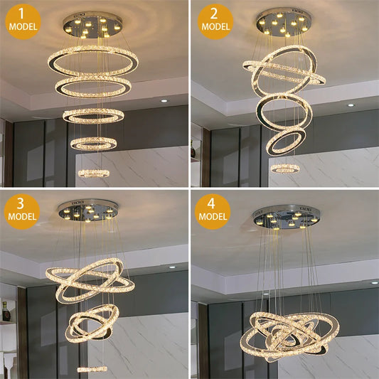 Modern Crystal Chrome Led Pendant Light Fixture Rings Adjustable Chandelier Dimming Lamp  for Living Room Bedroom Hanging Lustre