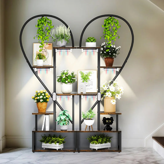 6 Tier Wood and Metal Plant Display Rack Stand Heart Shaped Storage Shelf with Grow Lights