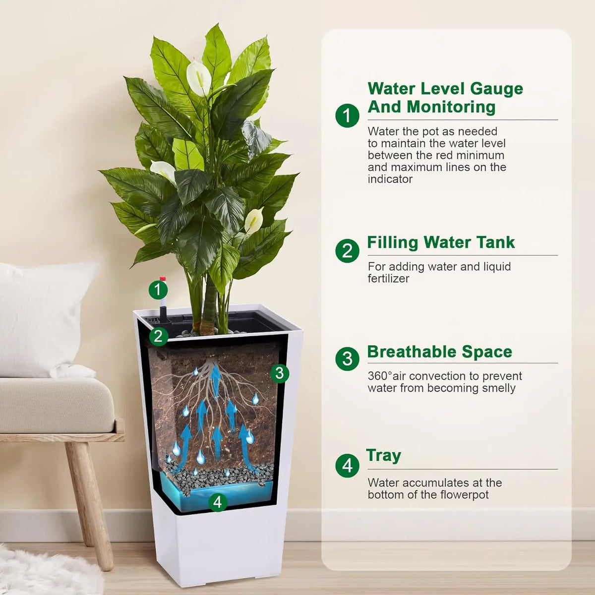 16" Tall Planters Set of 2, Indoor & Outdoor Black Planter Pots, High Front Porch Planters with Drainage Holes, Water Level Monitor, and Inner Bucket, White