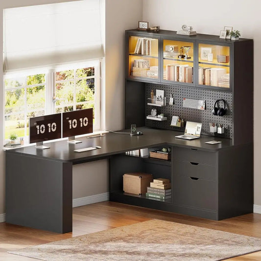 L Shaped Computer Desk, L Shaped Gaming Desk with 3 Wood Der and Large Bookshel, Home Oice Desk with LED Light, Display Cabinet