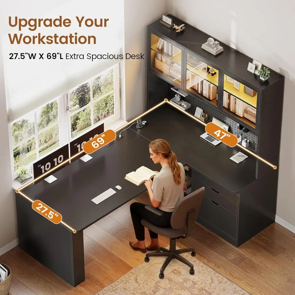 L Shaped Computer Desk, L Shaped Gaming Desk with 3 Wood Der and Large Bookshel, Home Oice Desk with LED Light, Display Cabinet