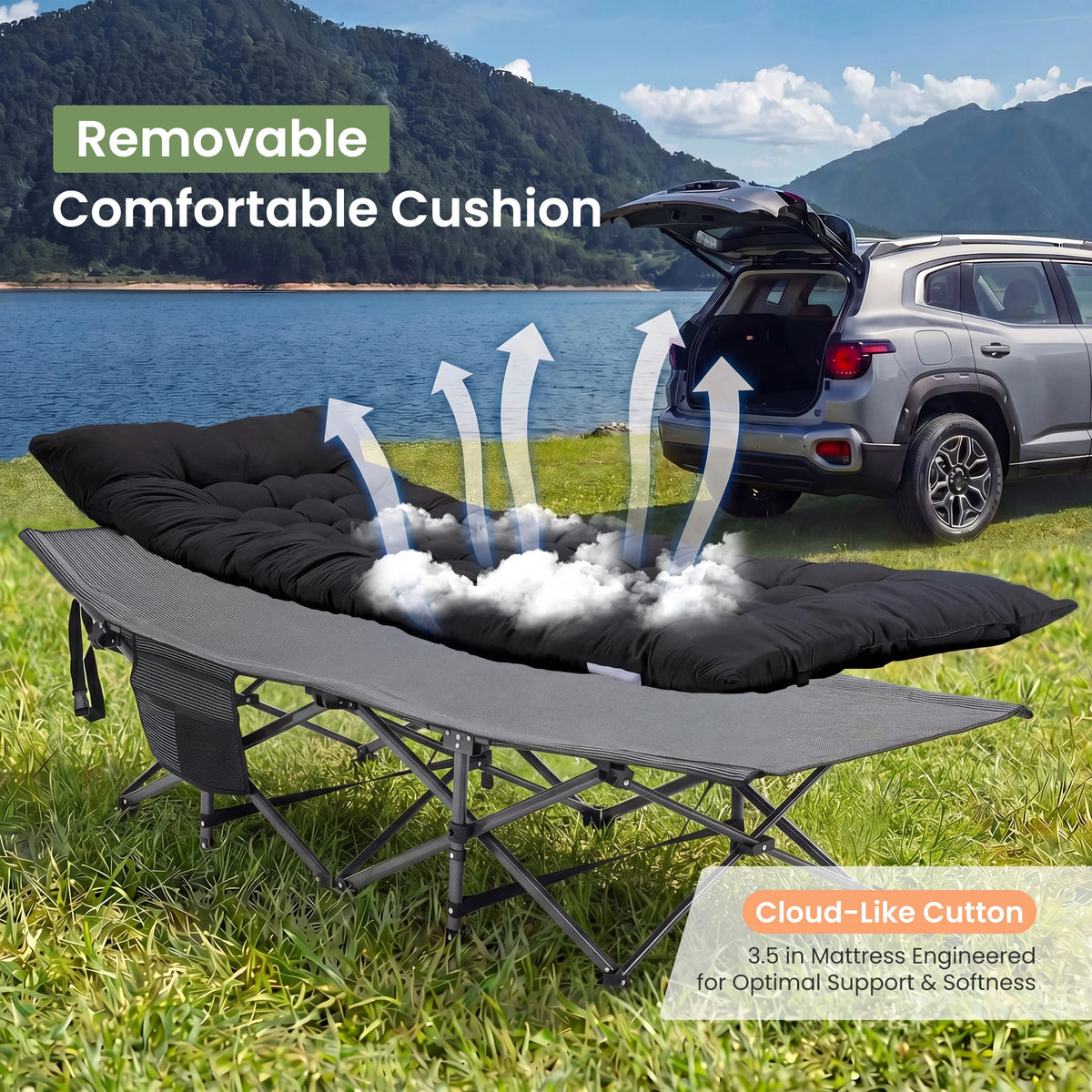 JHK Folding Camping Beach Lounge Chair Portable 3.5'' Cushion 440 lbs Sturdy Frame Compact Carry With Storage Bed for Outdoor