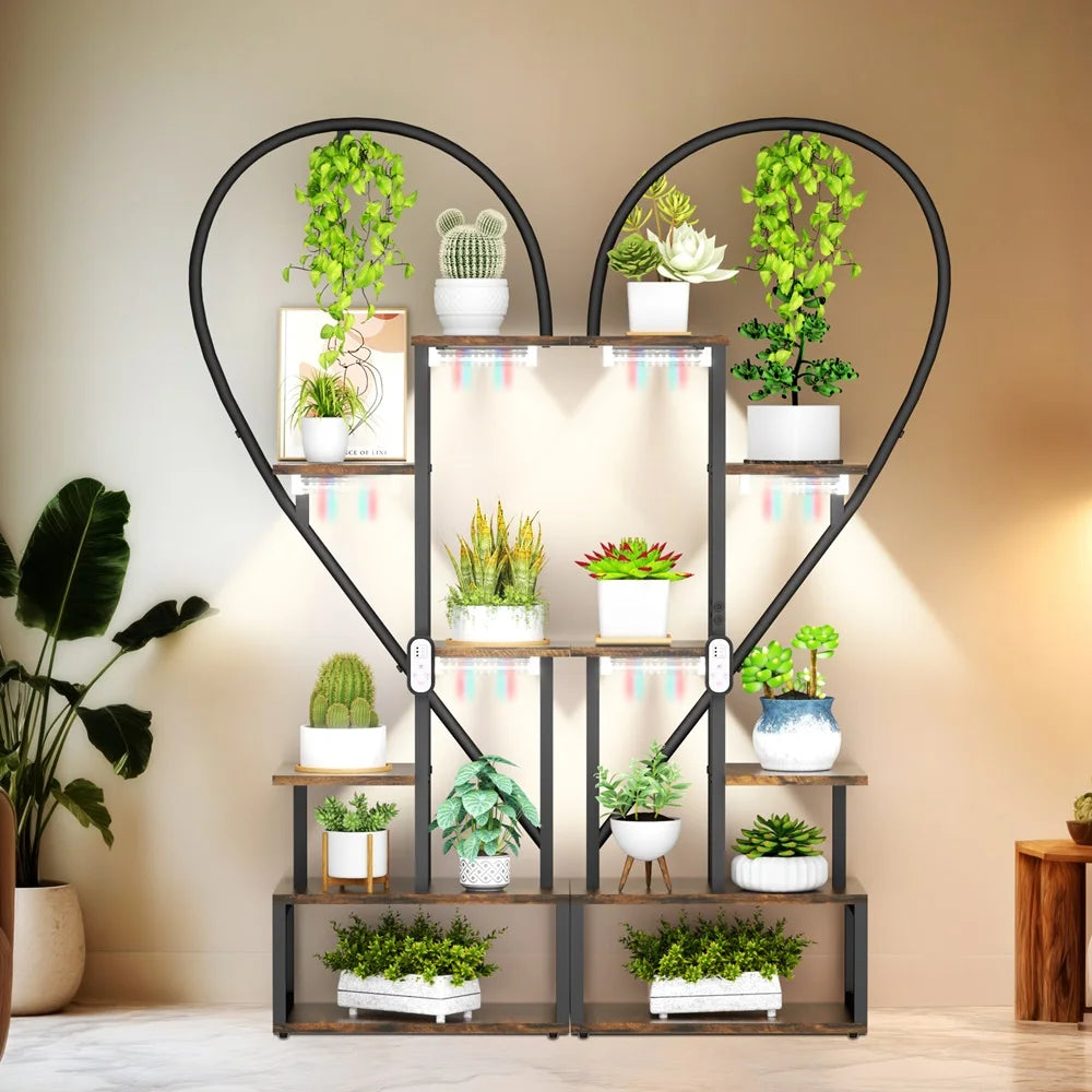 6 Tier Wood and Metal Plant Display Rack Stand Heart Shaped Storage Shelf with Grow Lights