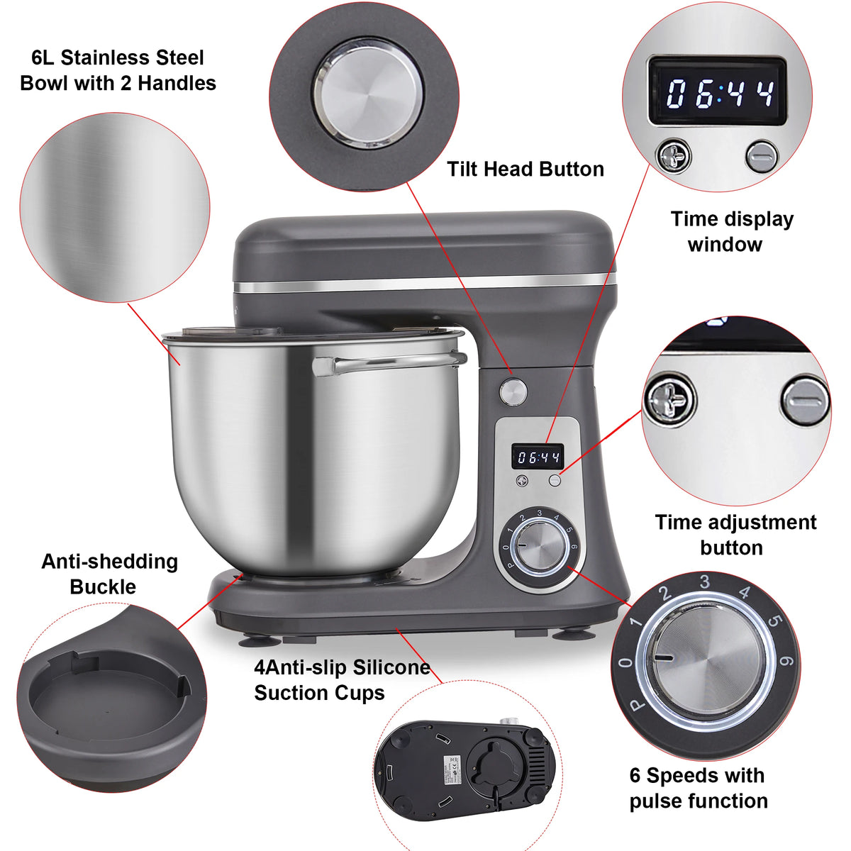 BioloMix 1200W 6L Kitchen Stand Mixer With Quiet DC Motor, 6-Speed, for Blending, Whisking, and Kneading