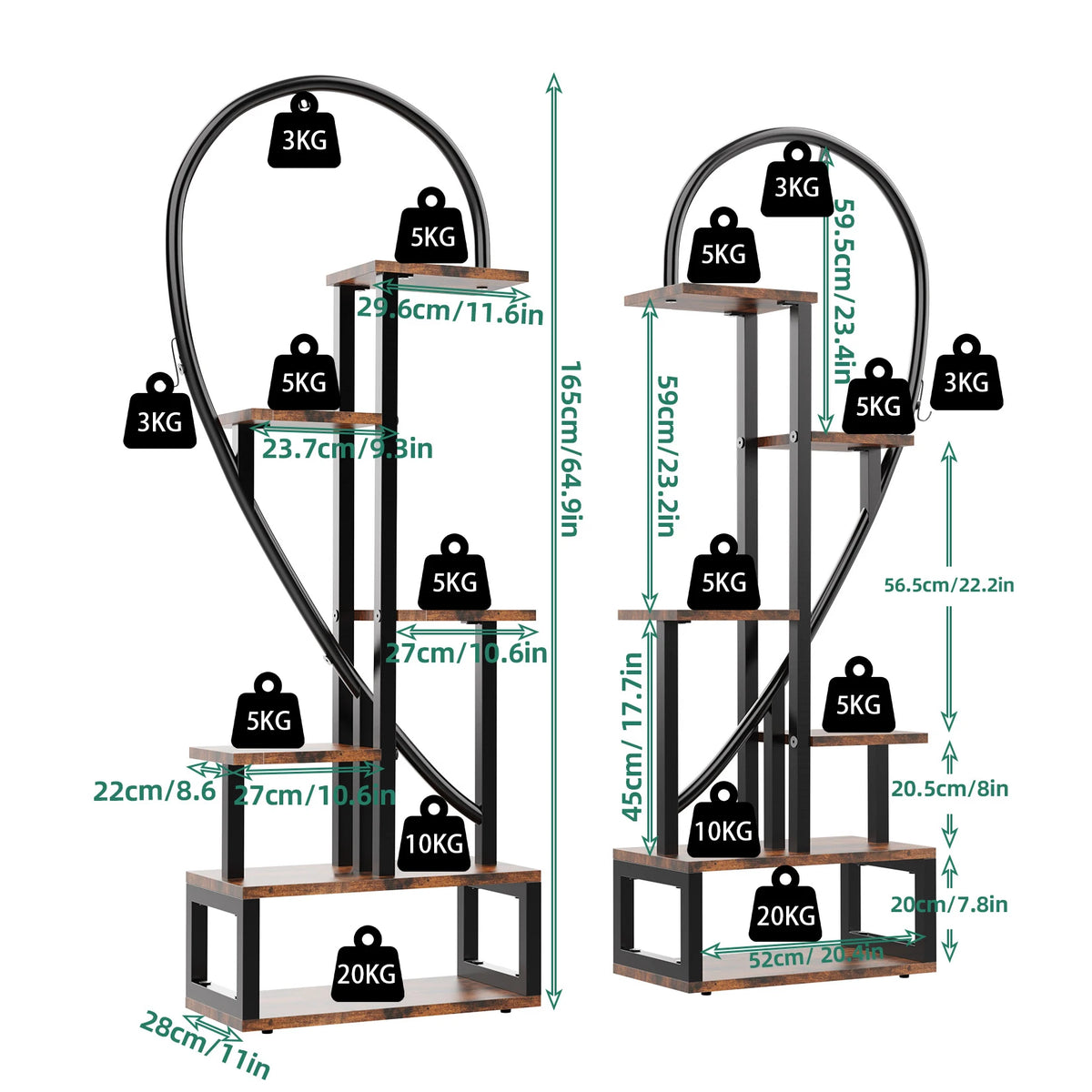 6 Tier Wood and Metal Plant Display Rack Stand Heart Shaped Storage Shelf with Grow Lights