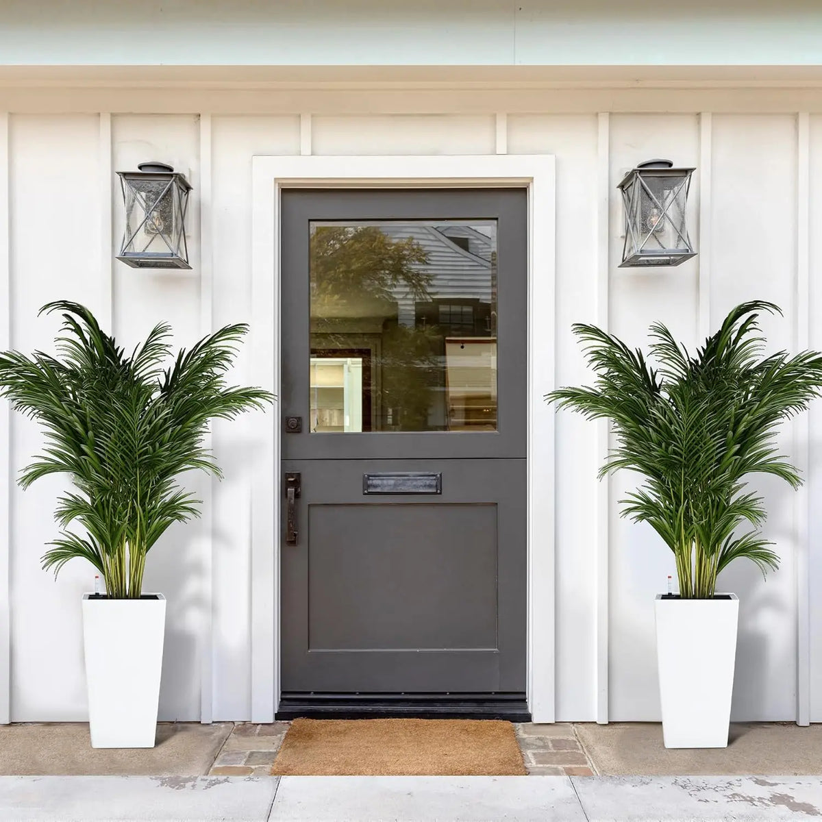 16" Tall Planters Set of 2, Indoor & Outdoor Black Planter Pots, High Front Porch Planters with Drainage Holes, Water Level Monitor, and Inner Bucket, White