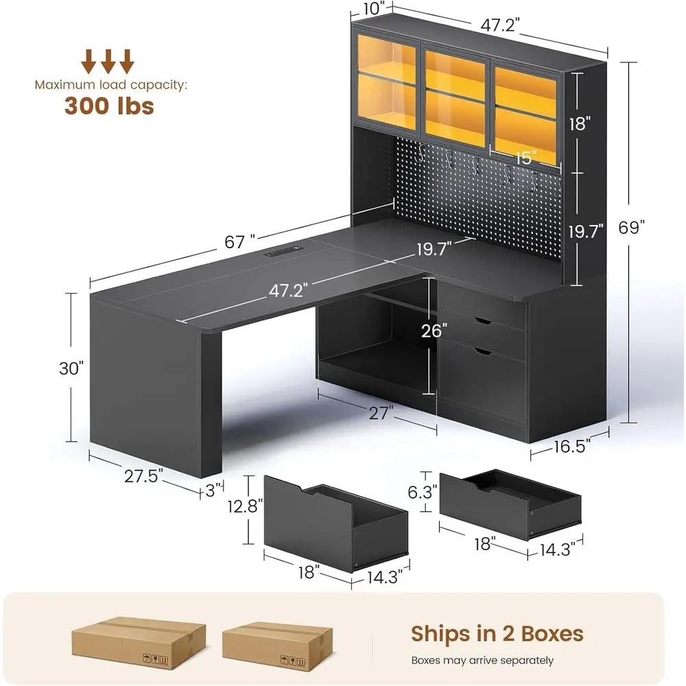 L Shaped Computer Desk, L Shaped Gaming Desk with 3 Wood Der and Large Bookshel, Home Oice Desk with LED Light, Display Cabinet