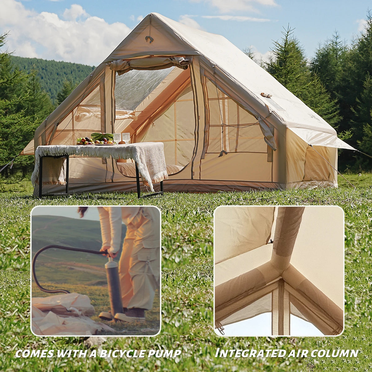 4-8 Person Inflatable Camping Tent - Quick-Setup Air Frame, 4-Season Waterproof Shelter with Stove Jack & Portable Design.