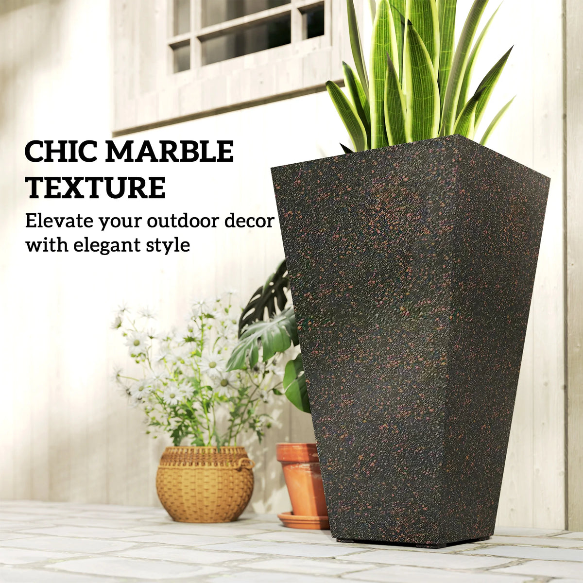 28" Tall Planters, Set of 3 Stackable Tapered Outdoor Planters, Brown