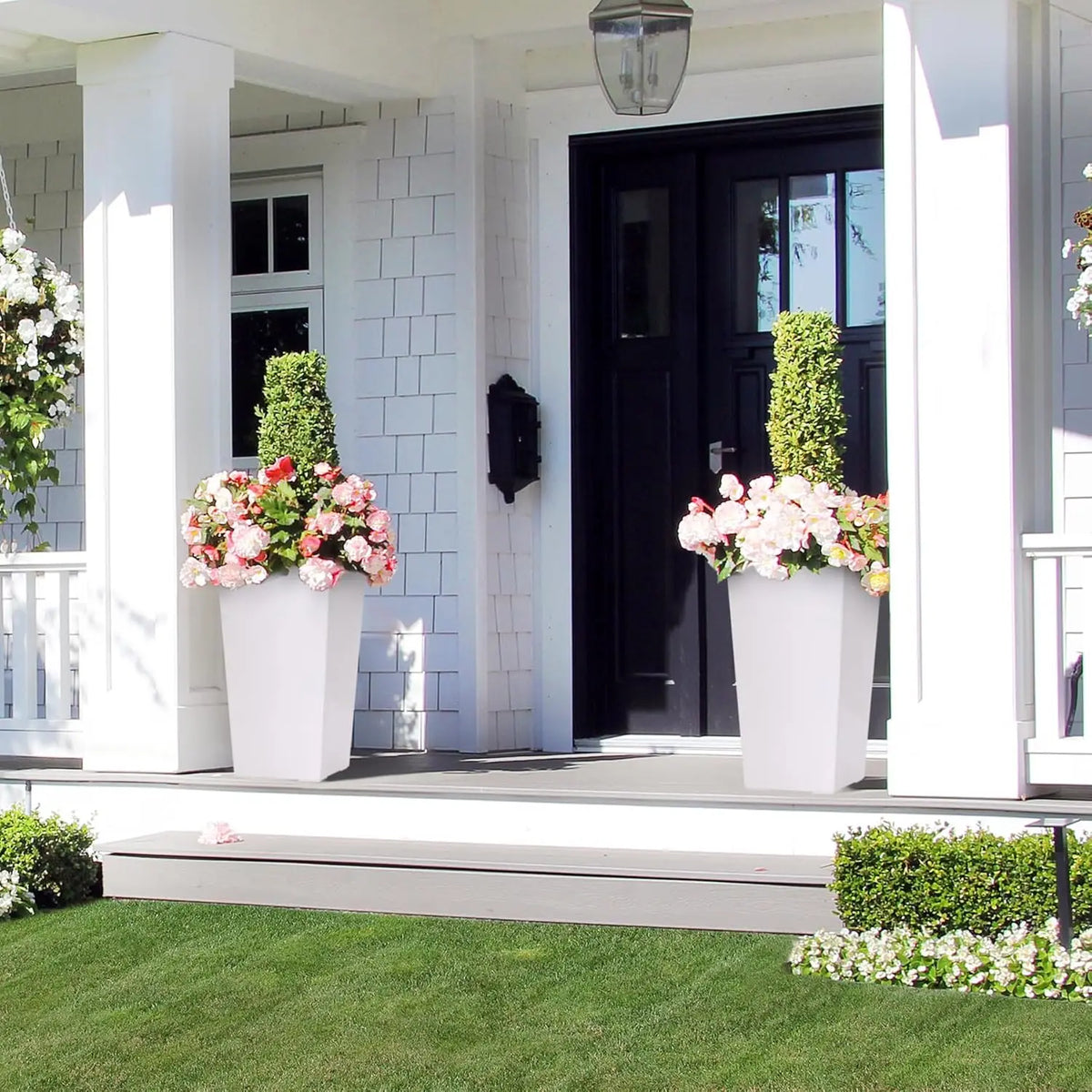 16" Tall Planters Set of 2, Indoor & Outdoor Black Planter Pots, High Front Porch Planters with Drainage Holes, Water Level Monitor, and Inner Bucket, White