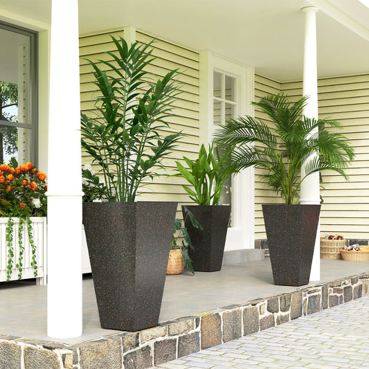 28" Tall Planters, Set of 3 Stackable Tapered Outdoor Planters, Brown