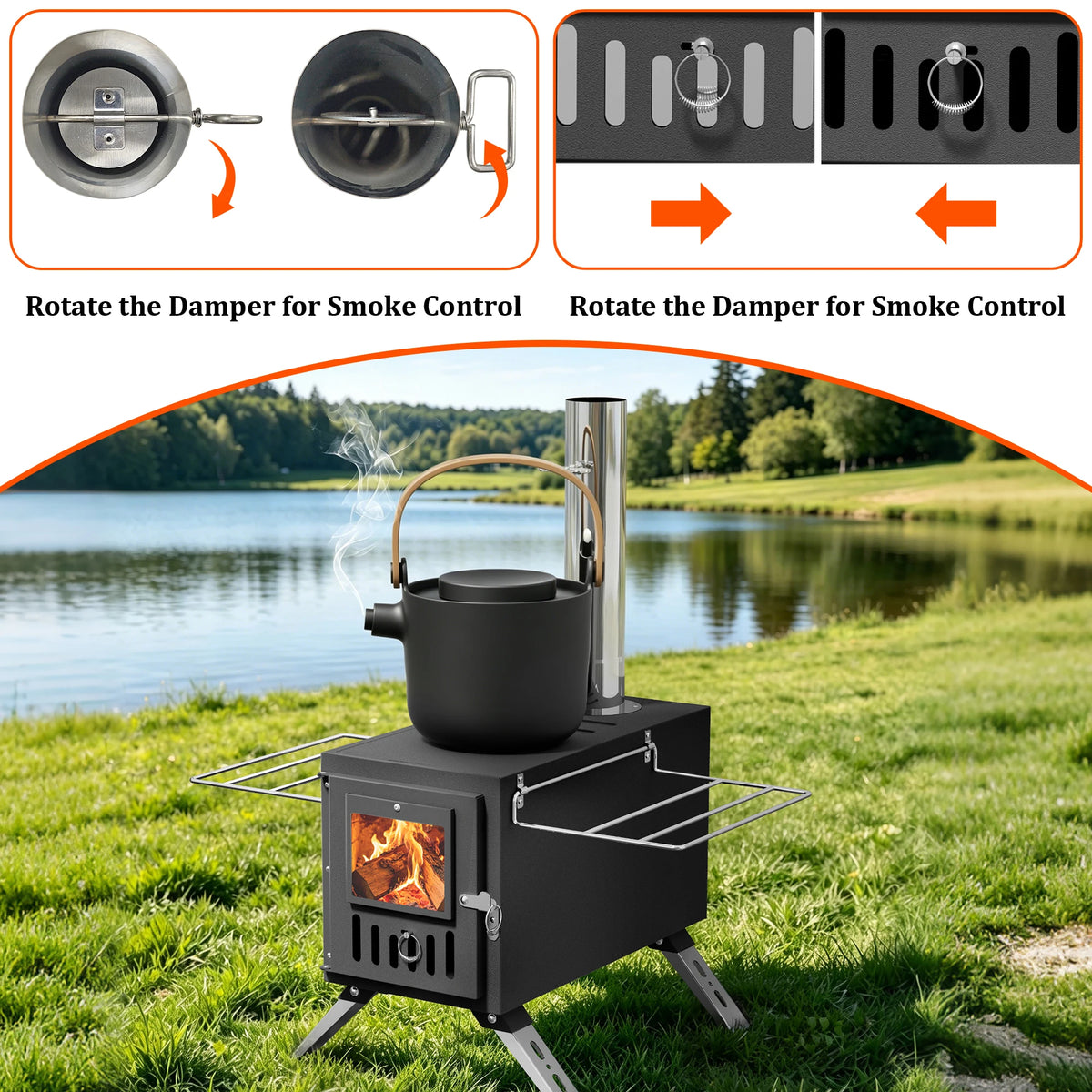 Hot Tent Stove,UNHO Wood Burning Stove,Small Wood Stove with 6 Stainless Chimney Pipes for Outdoor Heating & Cooking, Ice Fishing, Hunting ， Outdoor Camp Firewood Stove Portable Stove for Multifunctional Firewood Burner wit