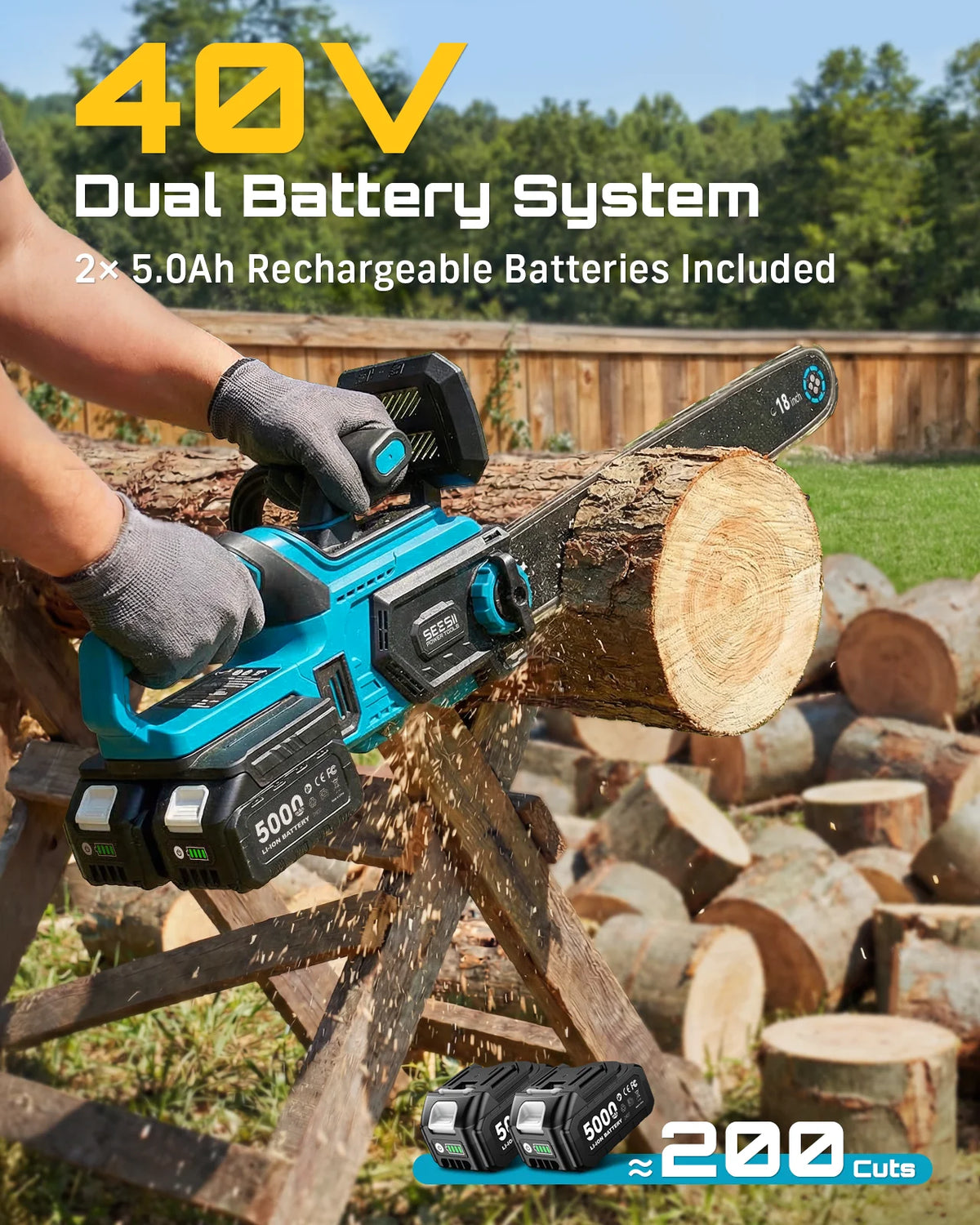 SEESII  40V 18Inch Brushless Chainsaw With Automatic Oiler 2200W Cordless Electric Saw Garden Woodworking Cutting Tool For Makita 18v Battery Pin
