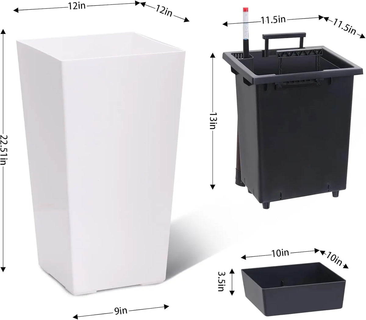 16" Tall Planters Set of 2, Indoor & Outdoor Black Planter Pots, High Front Porch Planters with Drainage Holes, Water Level Monitor, and Inner Bucket, White