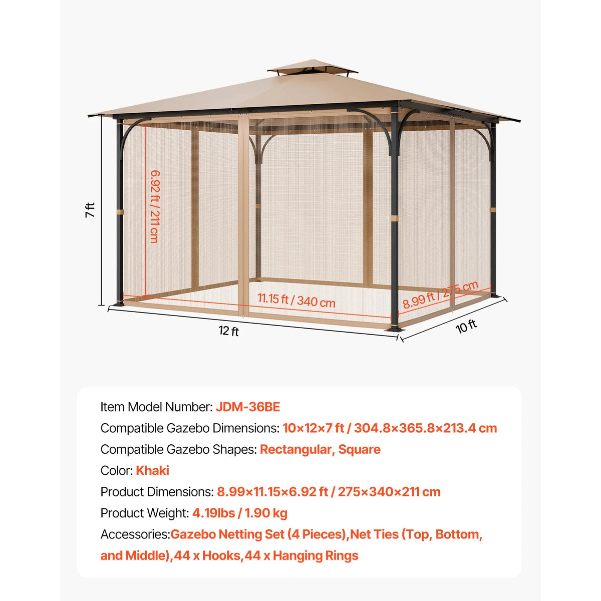 SucceBuy Gazebo Netting Replacement Fit Most 10 x 12 x 7FT Gazebo Curtain 4-Panel Sidewall Mesh Net Canopy Screen (Netting Only)