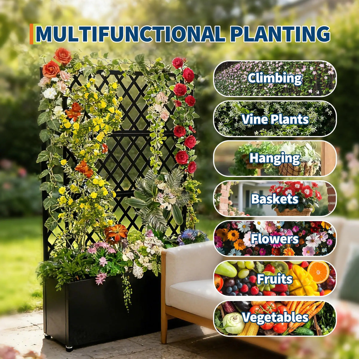 Galvanized Steel Raised Garden Bed With Trellis Privacy Screen, Locking Wheels & Drainage, Rolling Planter For Patio Deck Yard