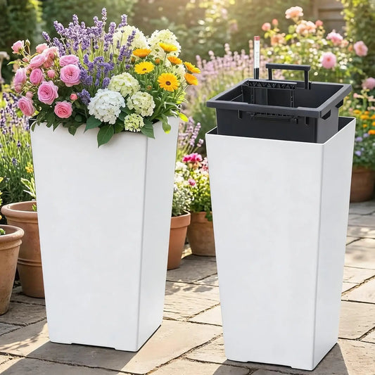 16" Tall Planters Set of 2, Indoor & Outdoor Black Planter Pots, High Front Porch Planters with Drainage Holes, Water Level Monitor, and Inner Bucket, White