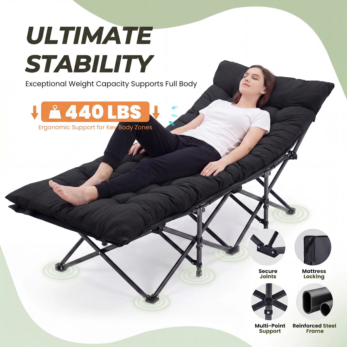 JHK Folding Camping Beach Lounge Chair Portable 3.5'' Cushion 440 lbs Sturdy Frame Compact Carry With Storage Bed for Outdoor