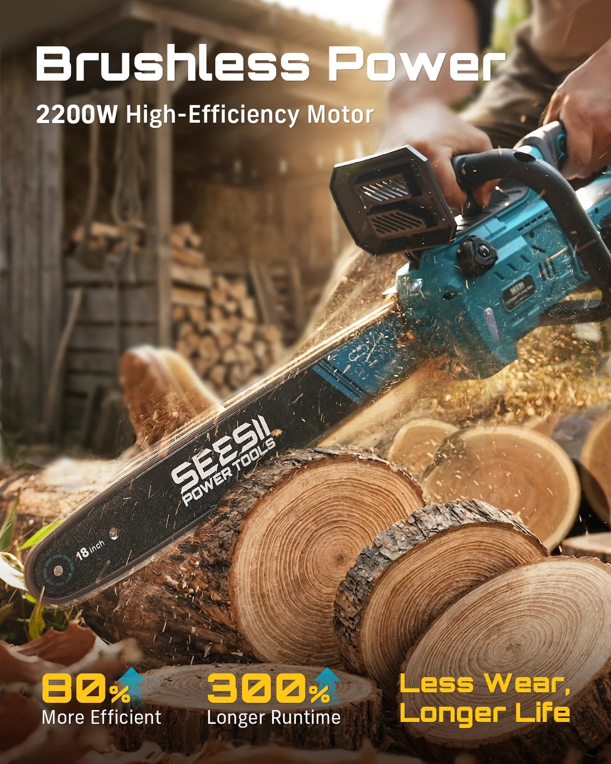 SEESII  40V 18Inch Brushless Chainsaw With Automatic Oiler 2200W Cordless Electric Saw Garden Woodworking Cutting Tool For Makita 18v Battery Pin