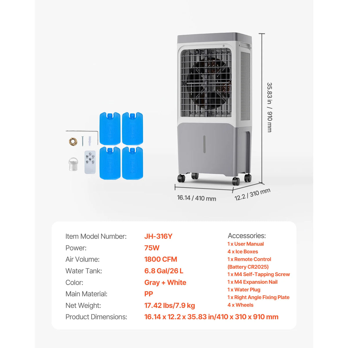 SucceBuy Evaporative Air Cooler 3100CFM with 9Gal Water Tank Swamp Cooler with Remote Control 12H Timer 4 Ice Boxes 3 Wind Speed