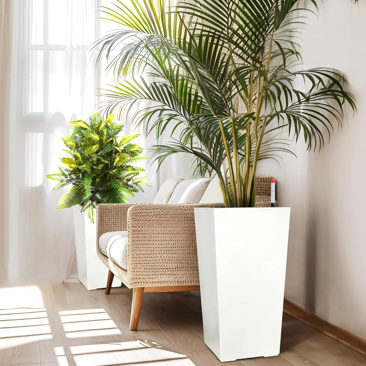 16" Tall Planters Set of 2, Indoor & Outdoor Black Planter Pots, High Front Porch Planters with Drainage Holes, Water Level Monitor, and Inner Bucket, White
