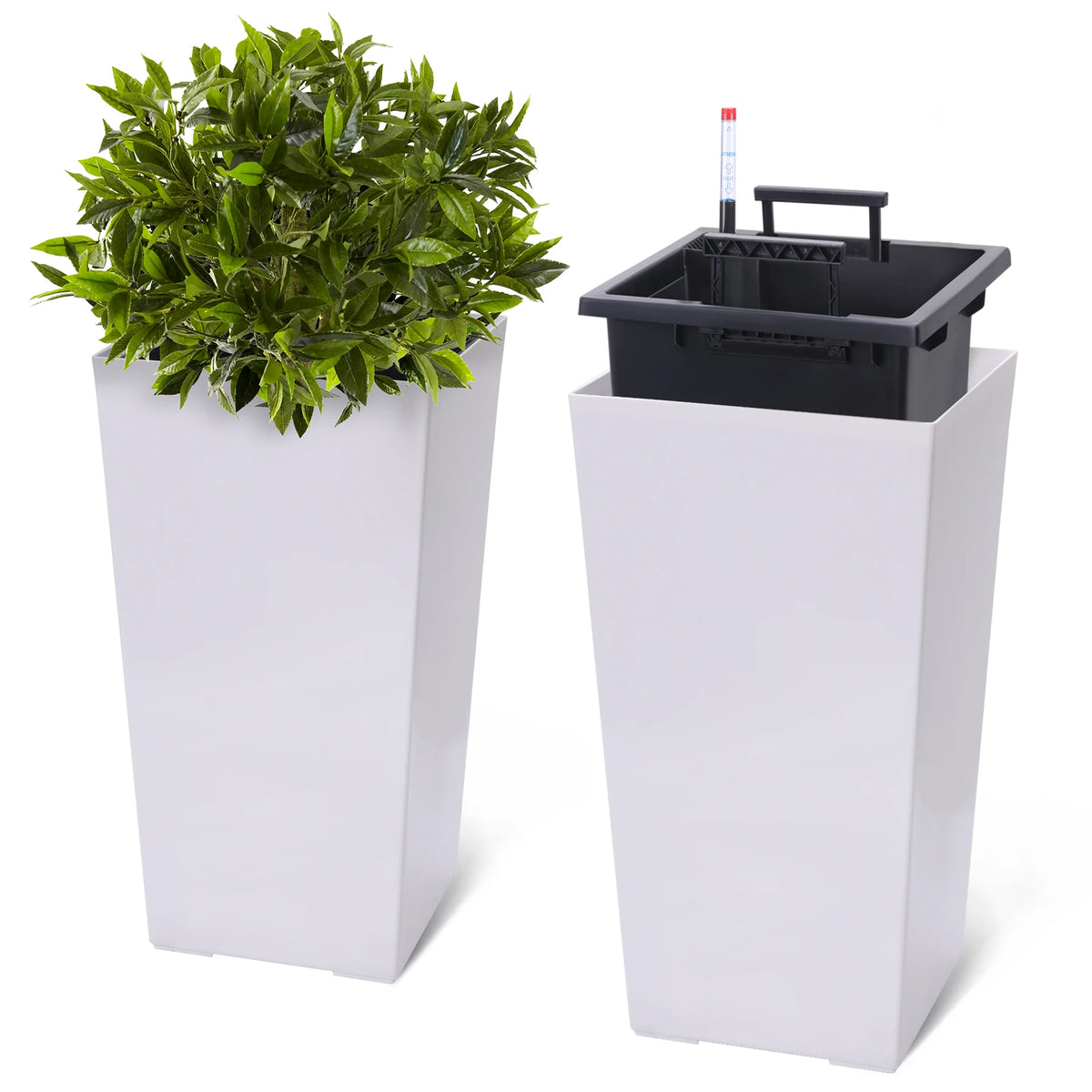 16" Tall Planters Set of 2, Indoor & Outdoor Black Planter Pots, High Front Porch Planters with Drainage Holes, Water Level Monitor, and Inner Bucket, White