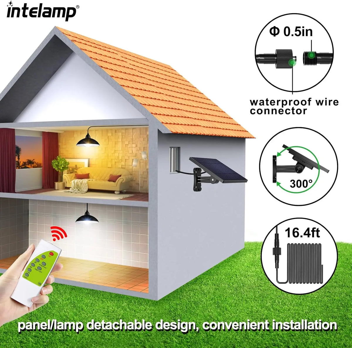 Intelamp Solar Pendant Lights Indoor Outdoor 4000mAh With Remote Day/Night Mode 16.4Ft Hanging Lighting For Barns Chicken Coop